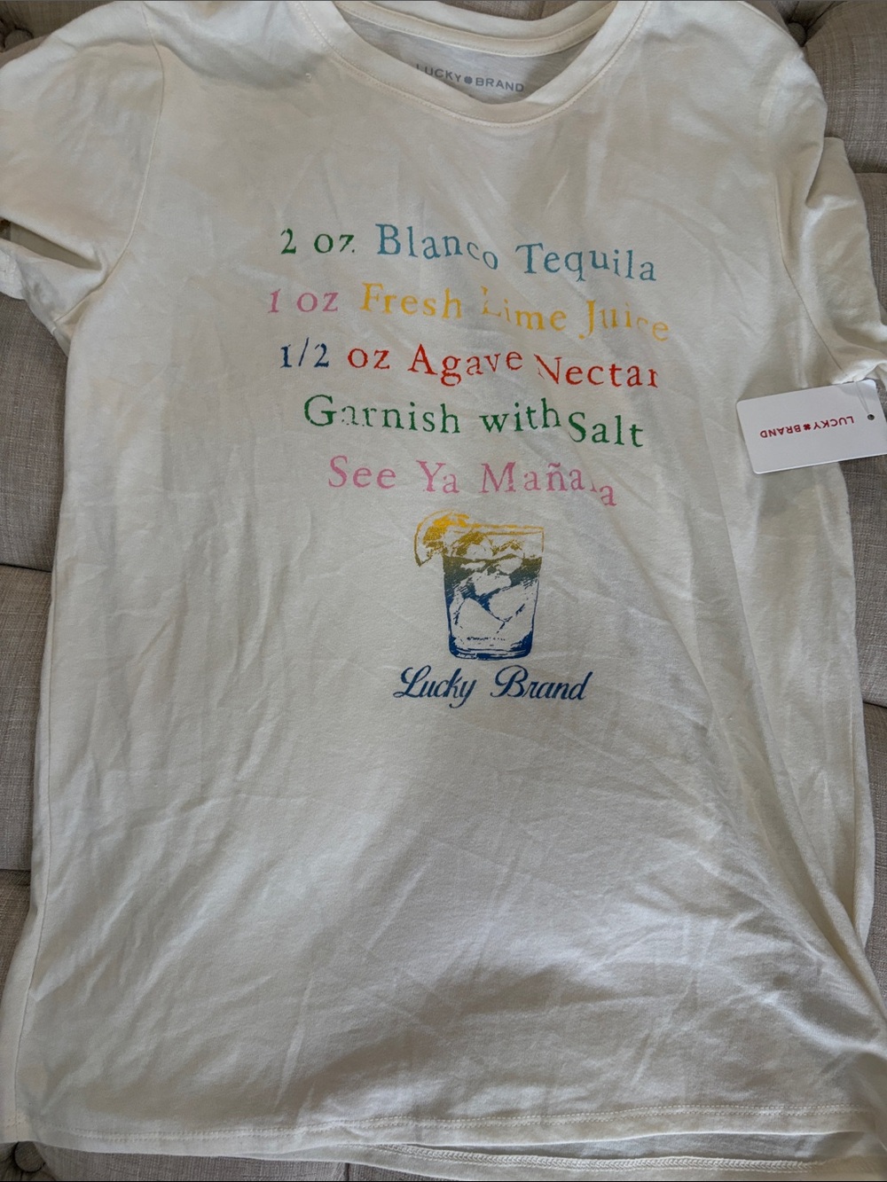 Lucky Brand Cream Tee with Multicolor Cocktail Print